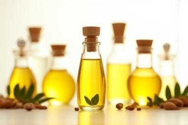 Different natural oils in glass bottles arranged artistically